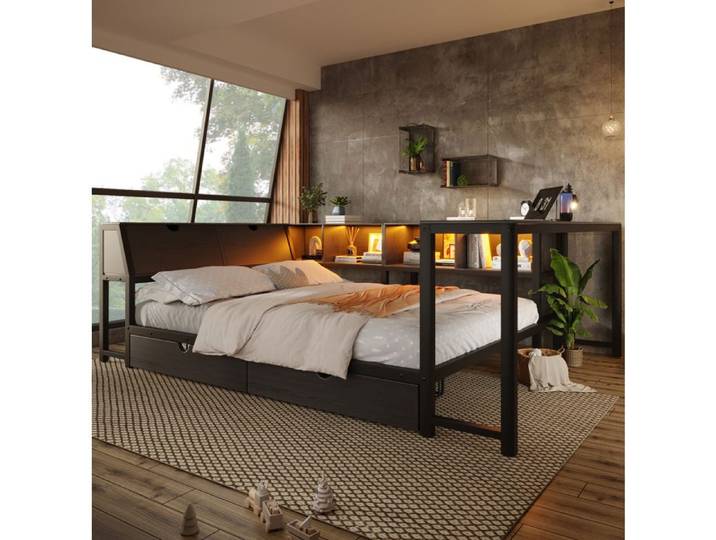 Lit multifonction 140x200 cm AESVAR avec bureau intégré LED tête de lit avec rangement noir
