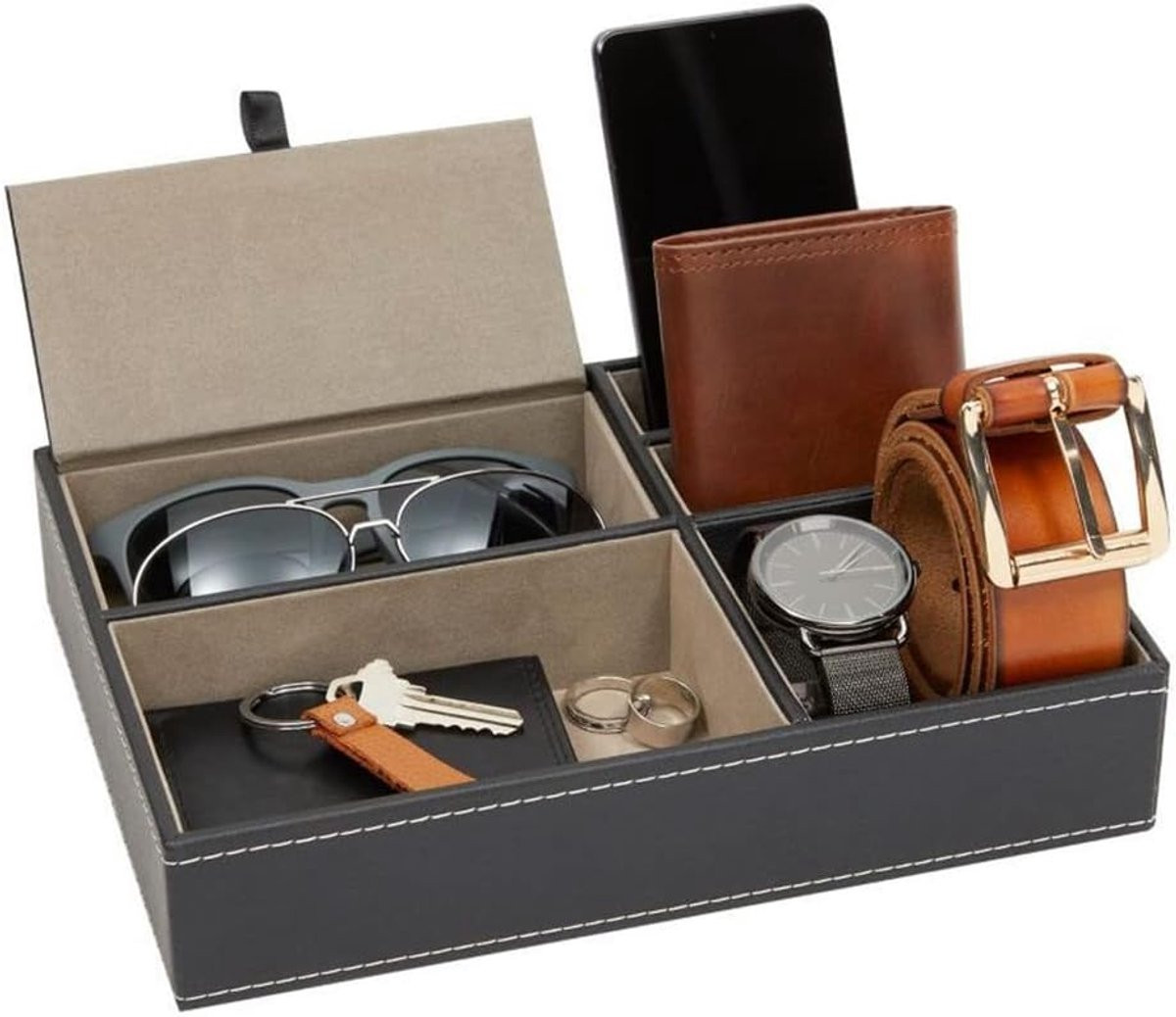Grijs leren dienblad en organizer box voor op je nachtkastje, bureau of commode