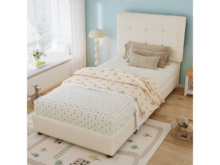 Lit rembourré enfant - 90x200 cm - Tête de lit biscuit - Bord mousse anti-collision - Dossier souple