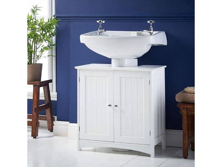 Meuble sous Lavabo de Salle de Bain & Meuble de Rangement sous Vasque en Bois Blanc L60cm H60cm