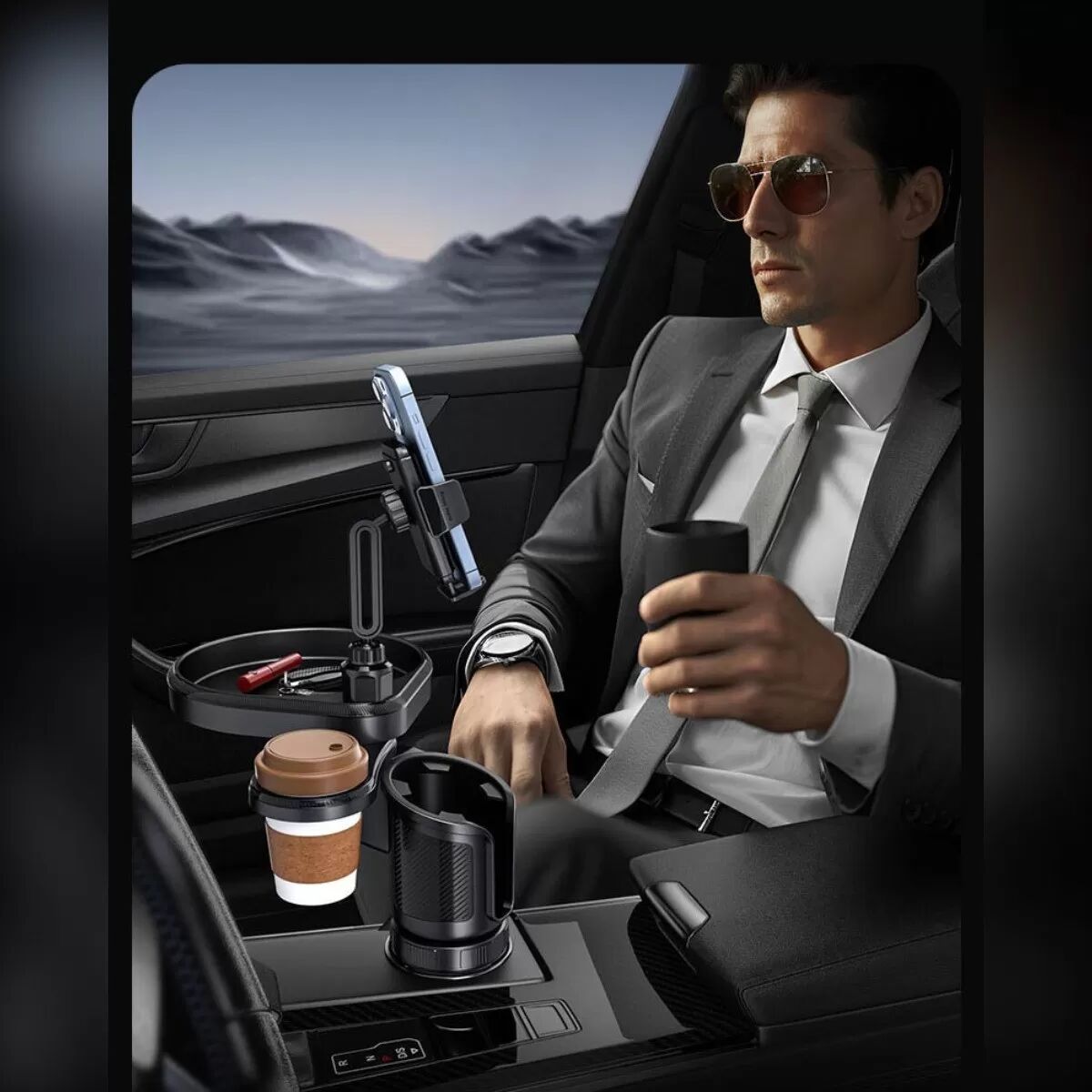 INF Support voiture 4-en-1 avec porte-gobelet rotatif 360 degrés, base extensible et rembourrage en silicone