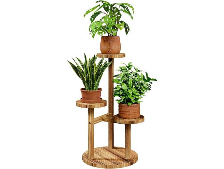 Étagère à plante 3 niveaux en bois naturel - support plante d'intérieur et d'extérieur porte-plante déco salon et terrasse
