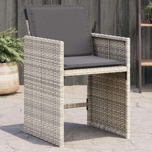 Set aus 4 hellgrauen Gartenstühlen mit Kissen, Poly-Rattan, klappbarer Rückenlehne und abnehmbaren, waschbaren Bezügen, pulverbeschichteter Stahlrahmen, bis 110 kg je Sitzplatz