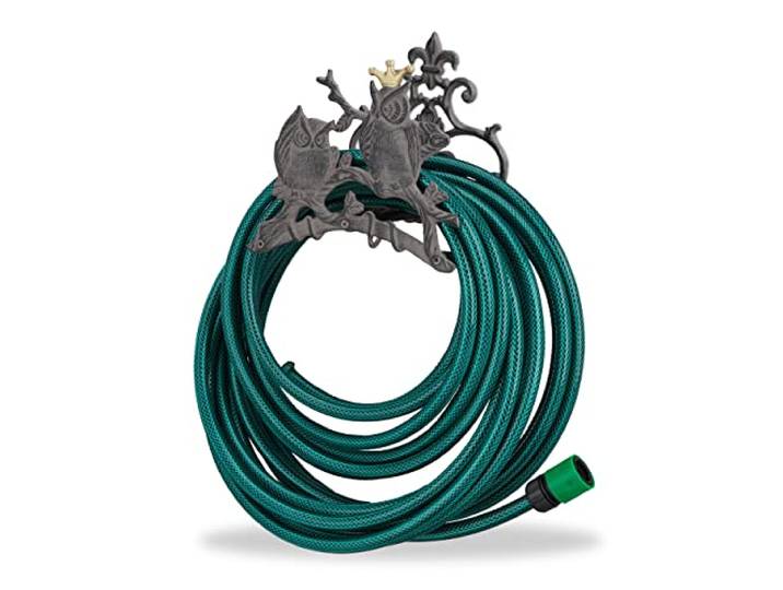 Relaxdays Porte Tuyau Chouette Support pour Tuyau Jardin Mural Enrouleur nostalgique Fonte HxlxP: 23 x 24 x 15 cm\, Gris