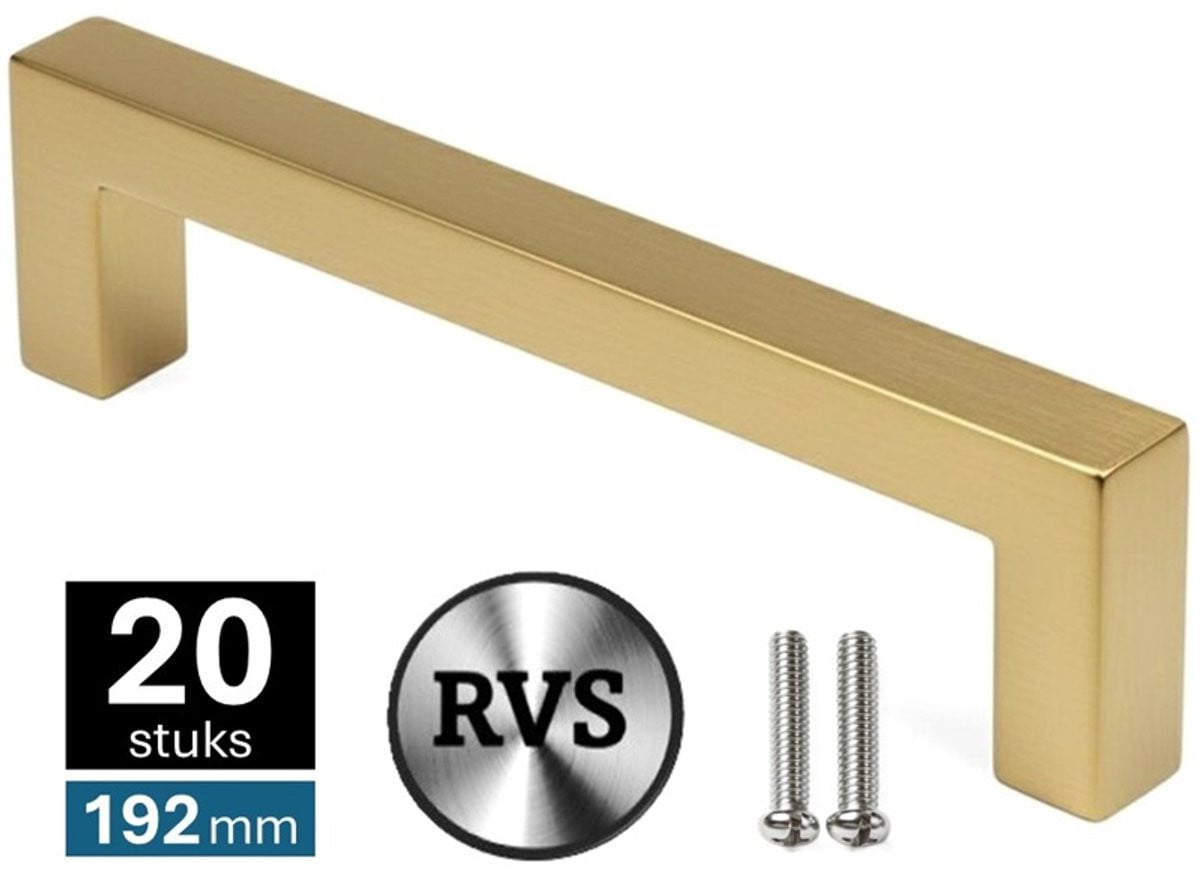 MSQDESIGN Handgrepen RVS Goud, 192mm, Set van 20 stuks, Moderne Meubelgreep voor Keuken en Kast, Mat Goud, inclusief schroeven