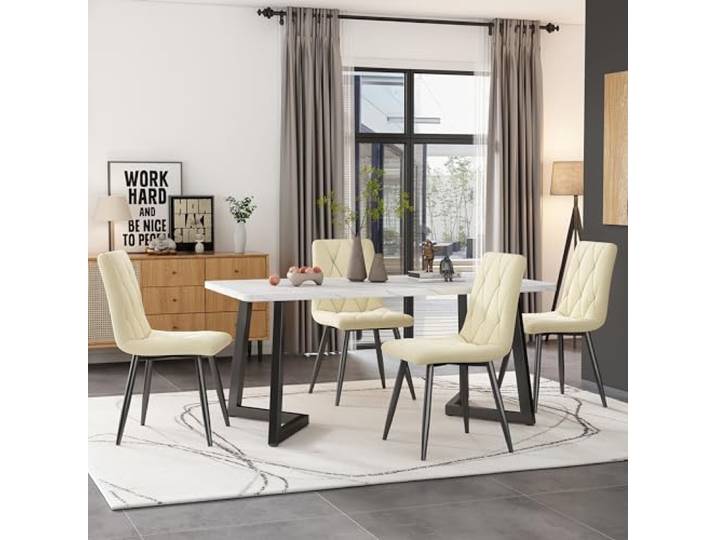 KUAKE Essgruppet,117×68cm Esstisch mit 4 Stühlen, Rechteckiger Esstisch Moderner Küchentisch Set,Esszimmerstuhl Twill Samt Küchenstuhl,Schwarze Tischbeine (Beige)