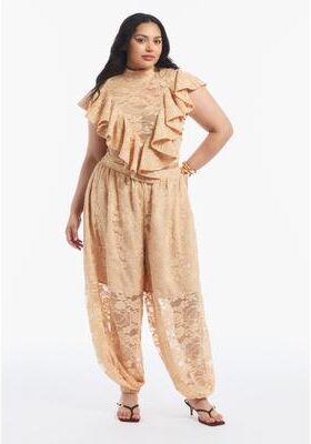 Plus Size Women's Floral Lace Balloon Pant by June & Vie in Mellow Buff (Size 18/20)