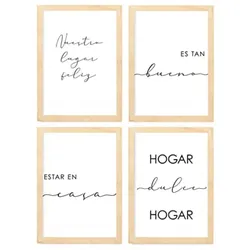 POSTER Set mit 4 Zuhause TypografieStil A4 Rahmen aus hellem Holz