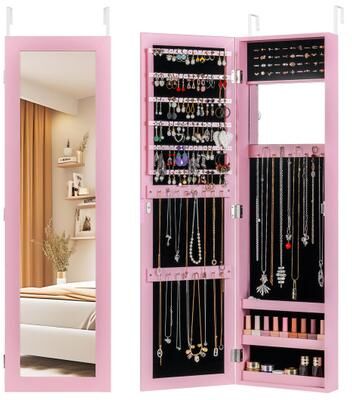 Costway Jewelry Cabinet Wall or Door Mounted Jewelry Armoire Modern Hanging Jewelry Organizer-Pink