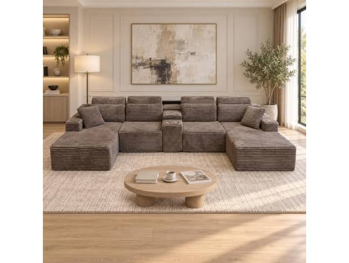 Großes U-förmiges modulares Sektionalsofa, Wohnzimmer, Couch, ohne Knochen Übergroße 6-Sitzer-Tiefe Cord-Couch mit Getränkehaltern, modernes Lounge-Sofa aus komprimiertem Memory-Schaum