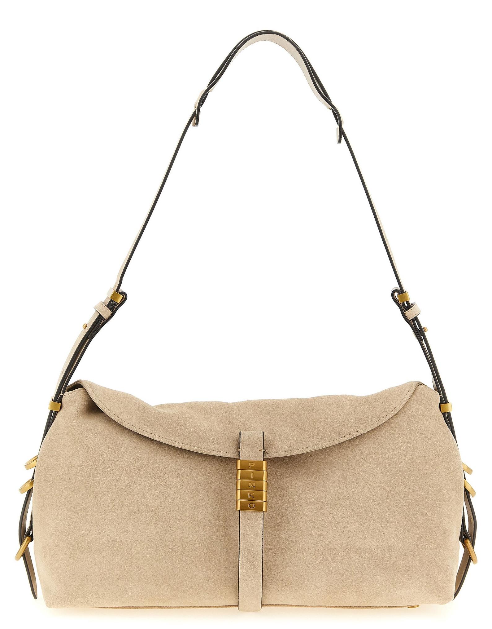 PINKO Saddle Baguette Wildleder beige Klappe goldfarben
