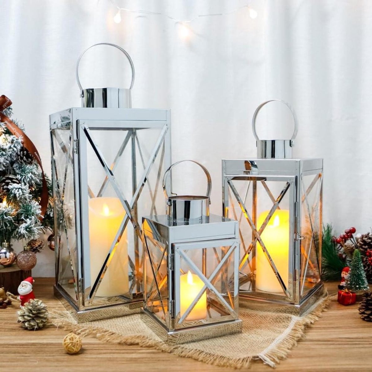 Set van 3 zilveren lantaarns van roestvrij staal voor buiten decoratie, hoogte: 40 cm