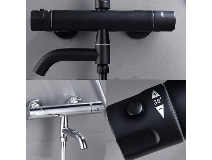 Robinet Thermostatique de Douche en Chrome Noir, Accessoires en Laiton pour Baignoire Chaude et Froide