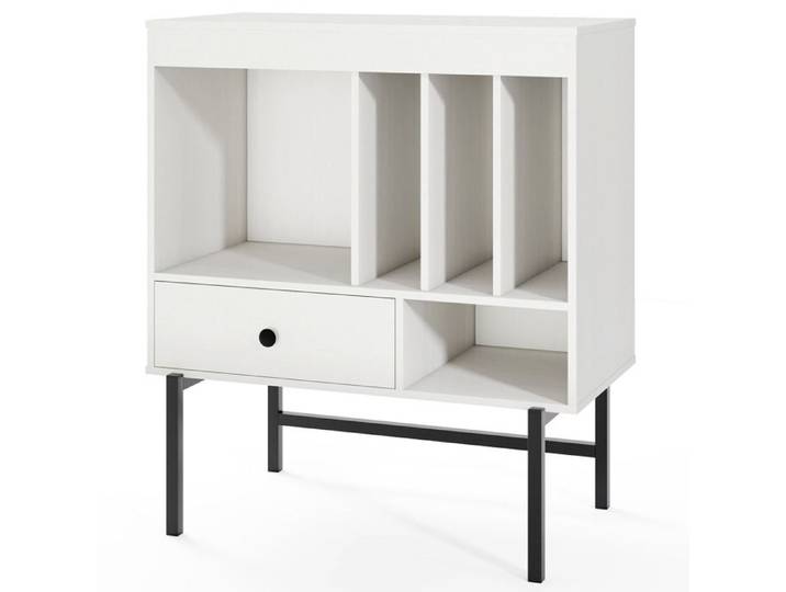 GOPLUS Petit Meuble de Rangement à 3 Niveaux avec Tiroir Compartiments Ouverts 3 Étagères pour Disques 70x36x80cm Blanc