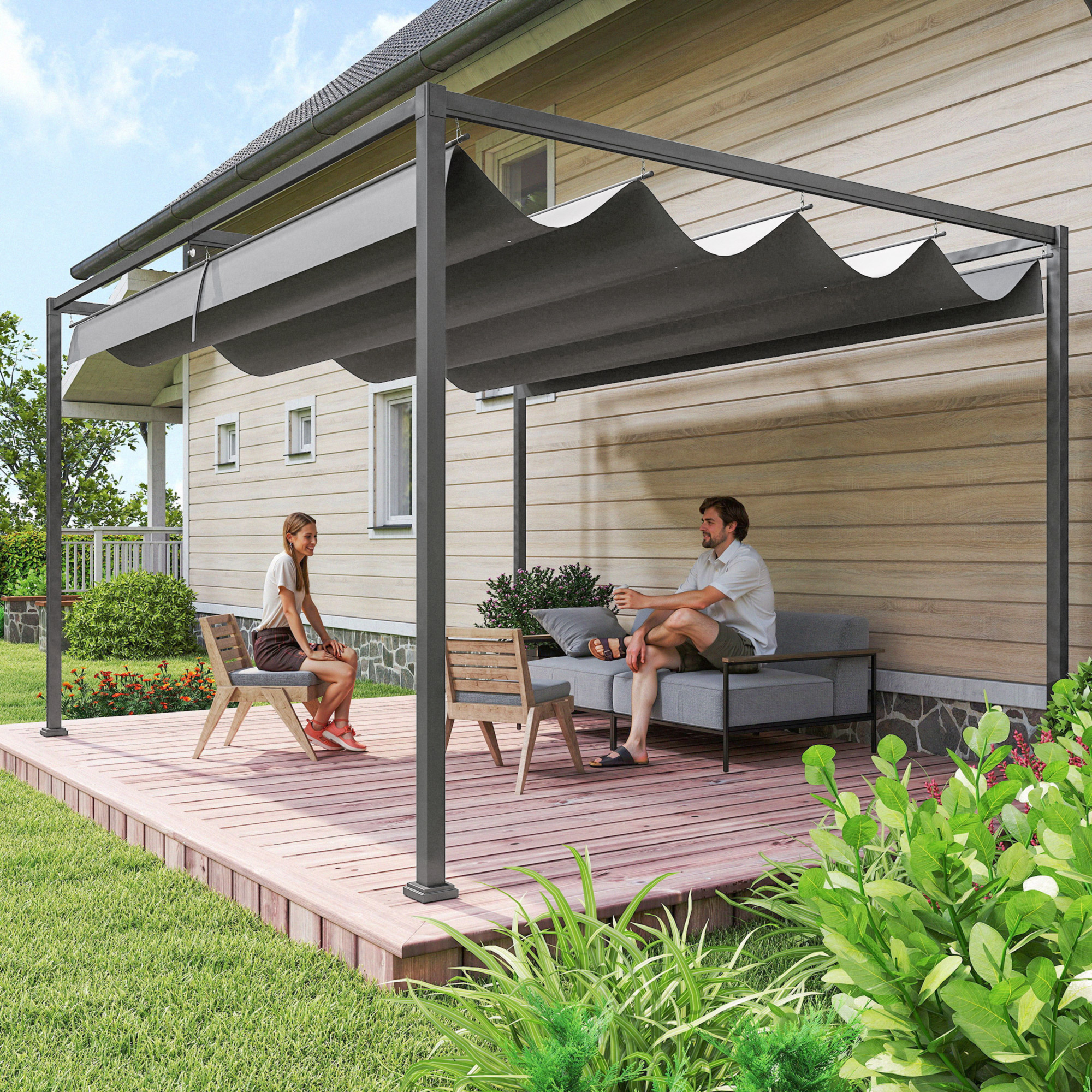 Outsunny Pergola Gazebo da Esterno 4x3 m con Tettuccio Retrattile in Metallo e Poliestere, Grigio Scuro   Aosom Italy