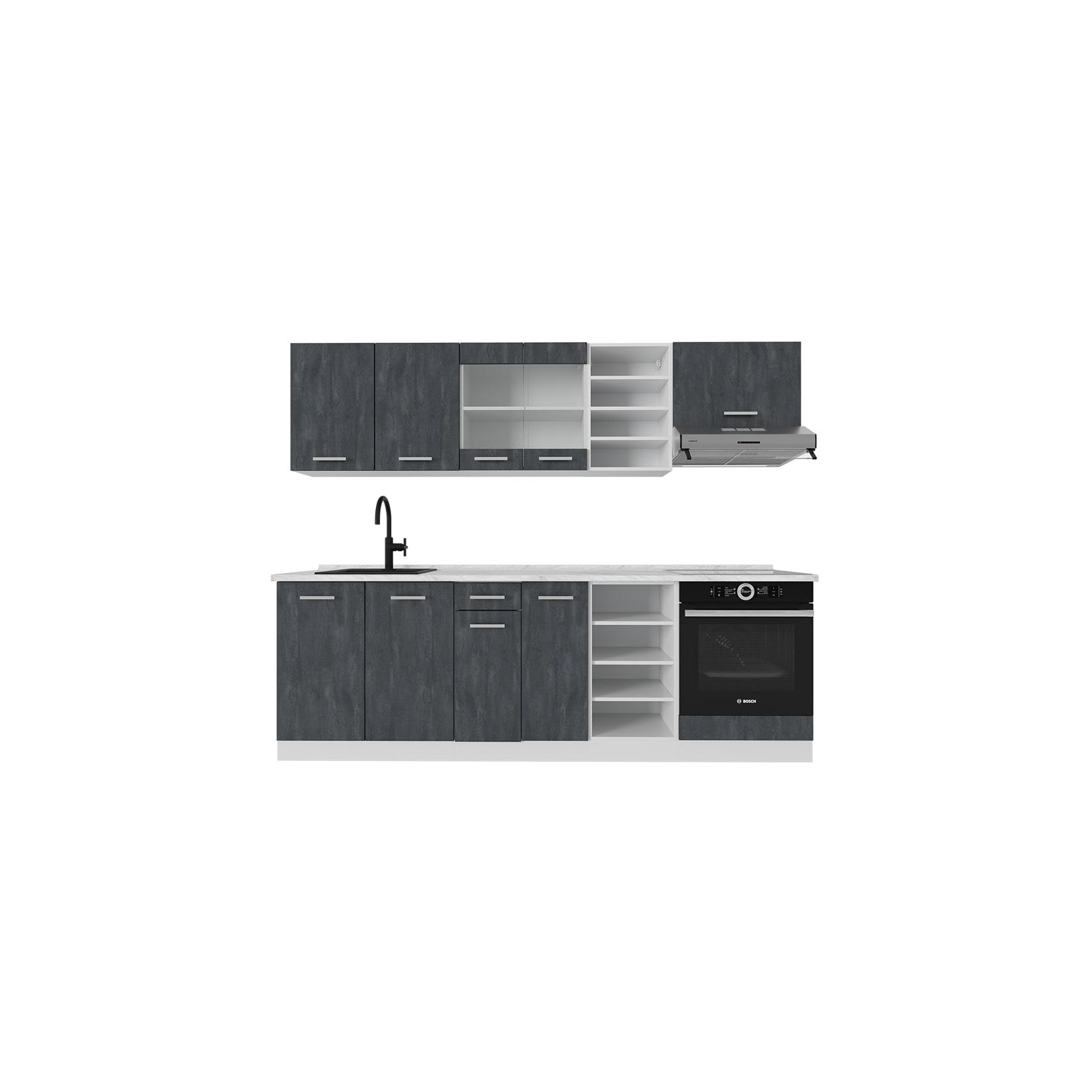 Vicco Küchenzeile R-Line 240 cm Schwarz Beton Weiß mit Arbeitsplatte Weiß Marmor