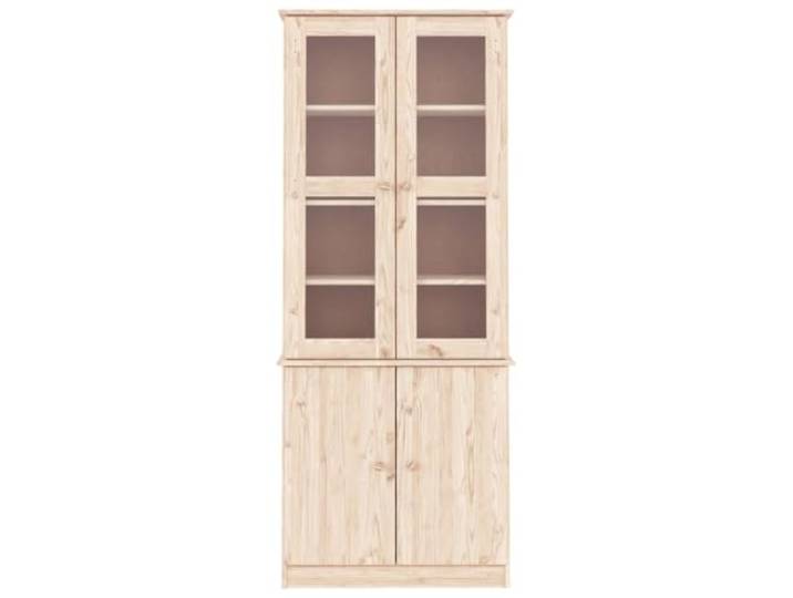 KTHLBRH Vitrine hoch 77 x 35 x 186,5 cm Massivholz Kiefer Verstellbare Einlegeböden, Glastüren, Knöpfe aus Holz, Oberfläche unbehandelt