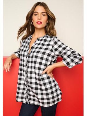 Plus Size Women's Plaid Flannel Pintuck Blouse by Roaman's in Black White Check (Size 14 W)