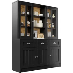 STILVORA Hochschrank Vitrine 175x140x40 Schwarz mit Acryl-Türen, Schubladen und verstellbaren Einlegeböden, Kippschutz, MDF, modern für Küche & Wohnzimmer