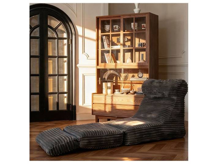 Méridienne convertible 2-en-1 AESVAR 1 place en flanelle noire 190 x 60 x 90 cm