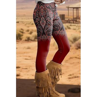 Vikinger Boho Leggings für Frauen Urlaub Vintage Ethno-Stil Lange Hohe Taille Grafisches Farbverlauf 3D-Druck Schnelltrocknend Atmungsaktiv Weich Hoch elastisch Zuhause Lässig Rot Blau Braun Grün