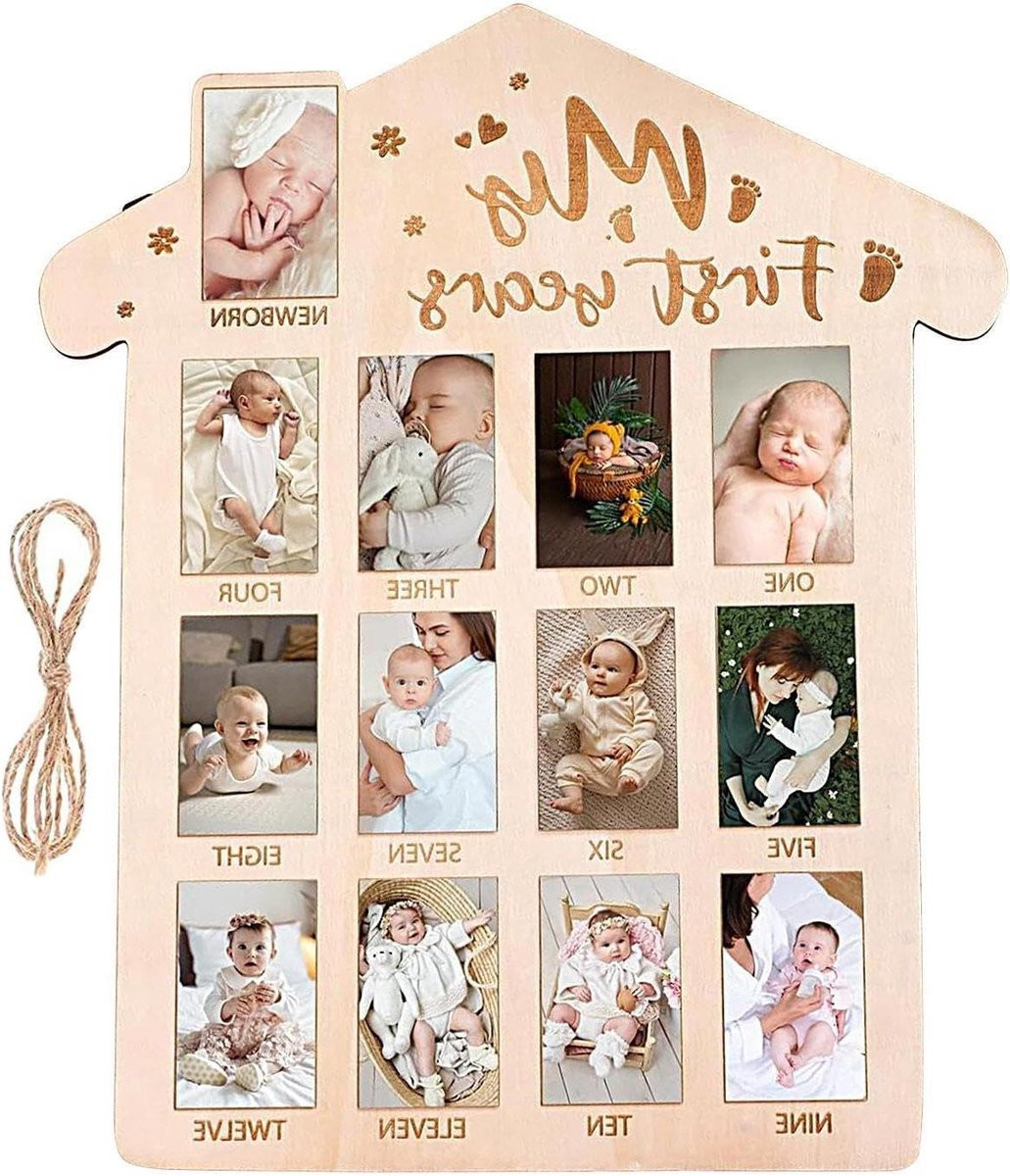 Houten mijlpaal banner fotolijst voor baby herinneringen - 42 x 35 cm