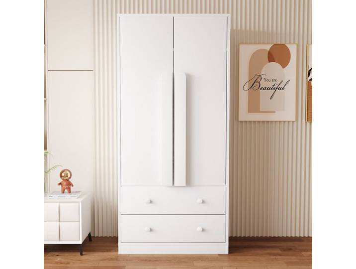 Armoire 2 Portes Blanche En Bois Penderie Design FloraGrace Pour Chambre Avec 2 Tiroirs 70x40x170cm