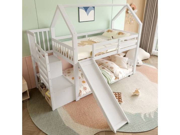 Lit superposé avec escalier de rangement et toboggan lit de maison (sans matelas) lit bébé avec balustrade 90x200cm blanc