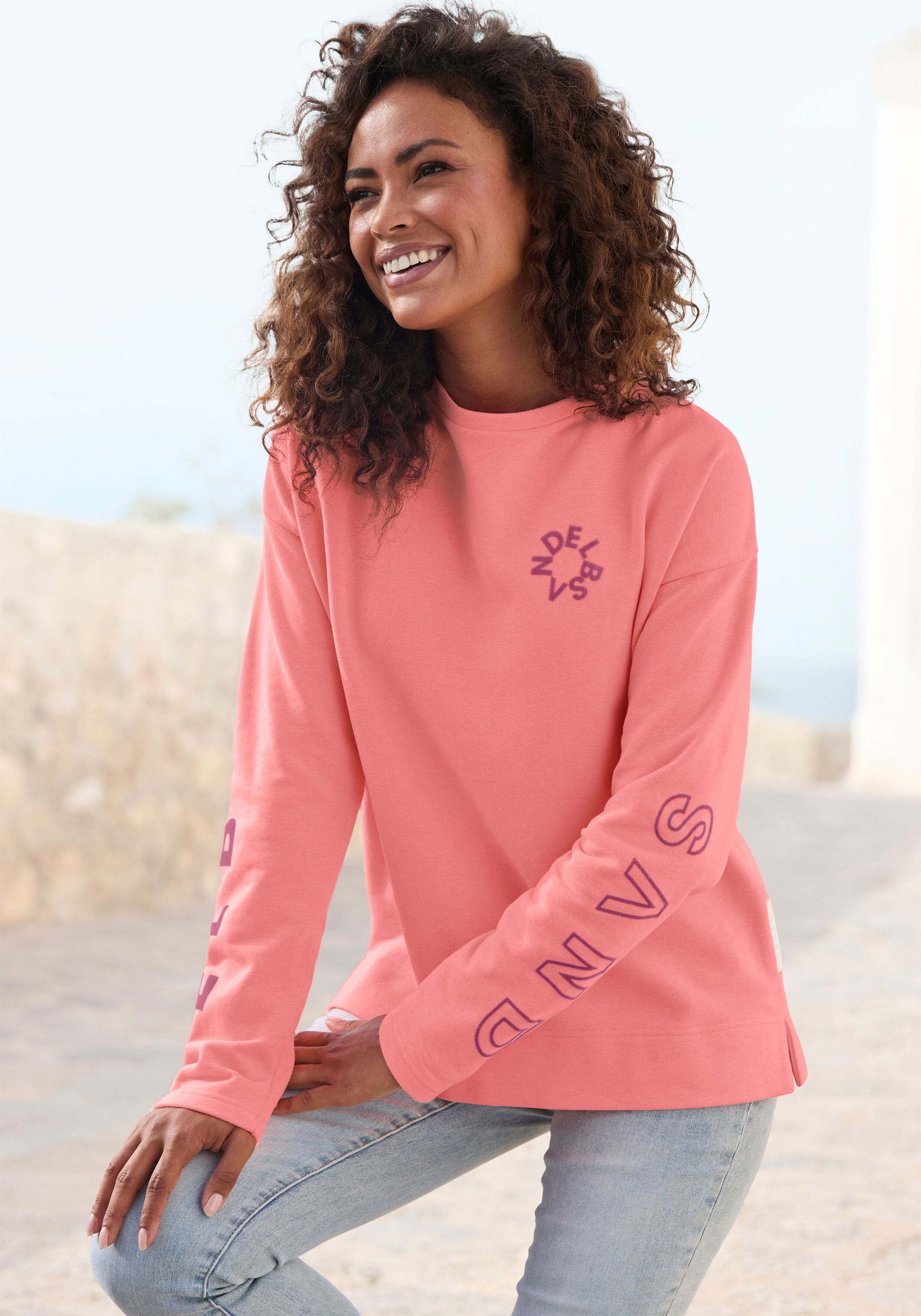 Sweatshirt ELBSAND "Andra", Damen, Gr. L (40), orange (koralle meliert), Sweatware, Obermaterial: 67% Baumwolle, 33% Polyester, meliert, figurumspielend hüftbedeckend, Rundhals, Sweatshirts Sweatshirt, mit Logoprint, Topseller