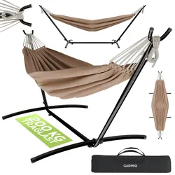 GARMIO® Hängematte braun mit Stahlrohrgestell 270 x 110 x 105 cm, 200 kg Tragkraft, wetterfest, klappbar, inkl. Zubehör & Transporttasche