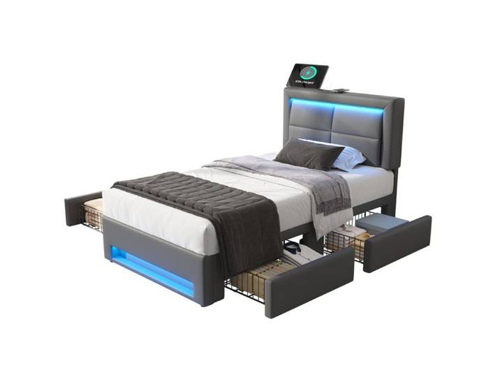 Polsterbett 90x200 cm gris avec USB LED intégrée et 4 tiroirs PU-Litschi sans matelas