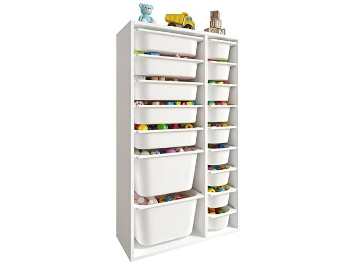 LEOKIDS Spielzeugaufbewahrung mit 16 Boxen – Kinderregal mit Spielzeugkisten für Kinderzimmer, Spielzeugschrank & Organizer, Weiß (16 Boxen, MDF)