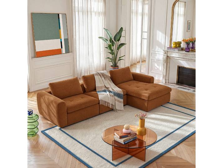 HABITAT - Grand canapé d'angle droit modulable en tissu - Marron noisette - Ameria