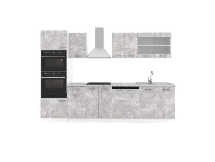 Vicco Küchenzeile R-Line, Beton, 300 cm 8 Module · Höhenverstellbare Füße · Arbeitsplatte Marmor · Robuste Fronten · Mit Backofen-/Mikrowellenschrank