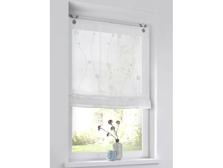 Kutti Ösenrollo Nelly Weiß – halbtransparent mit gesticktem Rankenmuster – 120x140 cm – dekoratives Polyester-Rollo mit weißer Rankenstickerei, angenehme Lichtdurchlässigkeit, einfache Ösenbefestigung