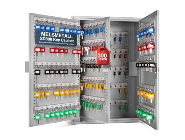Melsmetall Schlüsselkasten SD300 – Schlüsselschrank mit 300 Haken Schlüsselbox aus Stahl, abschließbarer Safe, magnetische Außenseite, höhenverstellbare Leisten, Wandmontage (55x38x20cm)