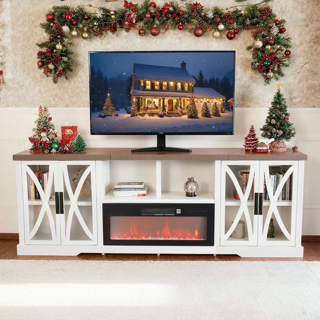 Brambly Cottage Farmhouse Detachable Fireplace TV Stand, White & Wood, 237x49x83cm, MDF/Glass, Living, Media Room White 88"