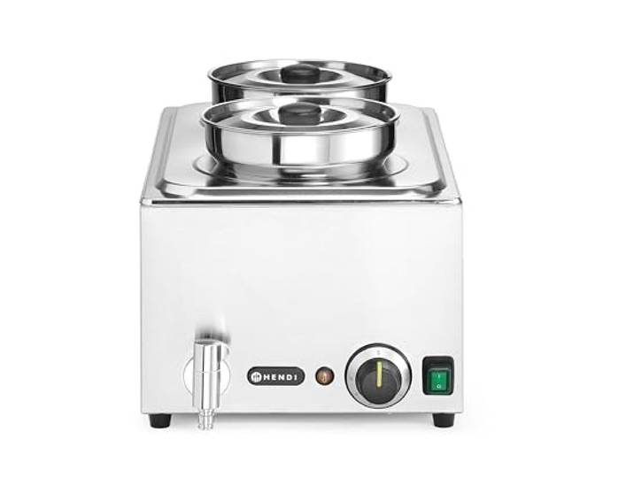 HENDI Bain-Marie-Set, mit 2x 4L Bain-marie-Topf, Ablasshahn, Temperaturbereich bis 85°C, geeignet für 1x GN1/1 Behälter von max 150mm, Speisenwärmer, GN1/1, 230V/1000W, 605x332x(H)315mm, Edelstahl
