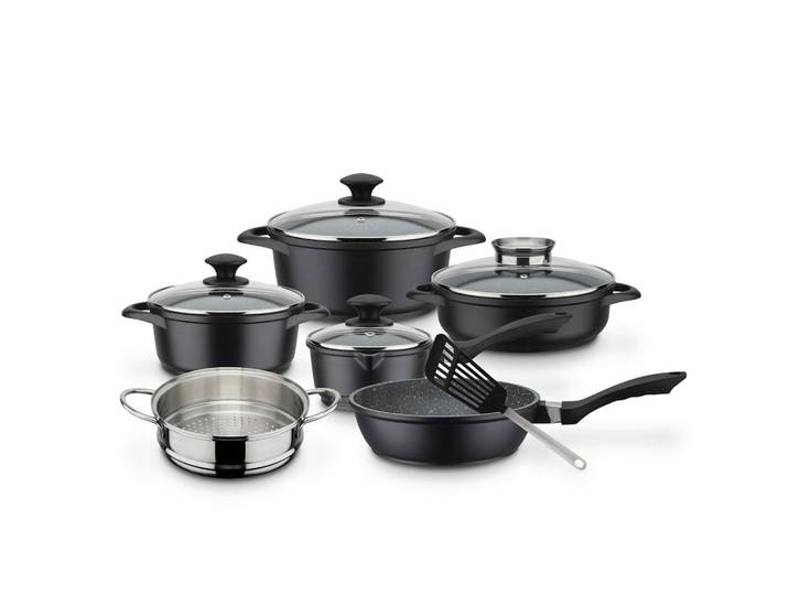 GSW Kochtopfset Gourmet Granit, Schwarz, Metall, 5-teilig, 16 cm, 1.4 L, ISO 9001, backofengeeignet, hitzebeständige Griffe, rostfrei, hitzebeständig, optimale Wärmeverteilung, leichte Reinigung,mit Dampfablass, backofengeeignet, Kochen, Töpfe, Topfsets