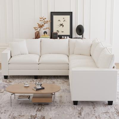 Loedds Beige 97.32-Inch Chenille L-Shaped Sectional Sofa with Storage & Deep Seats & Wood Frame
