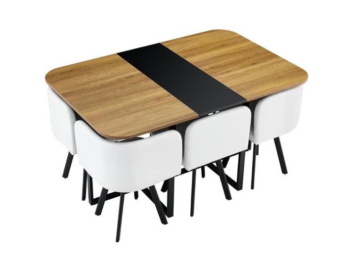 VLIVRA Ensemble Table Extensible et 4 Chaises - 4 à 6 Personnes - MDF Métal et PU - Noir Bois et Blanc