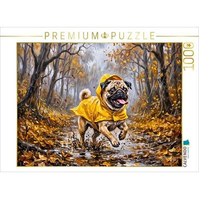 CALVENDO Puzzle Mops rennt fröhlich durch matschige Novemberwege Puzzle | 1000 Teile Lege-Größe 64x48cm Foto-Puzzle für glückliche Stunden