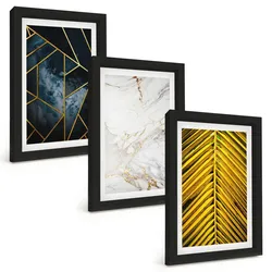 BILDER SET 3er Set - 20x30 cm Schwarzer Rahmen - Geometrische Muster und Vegetation