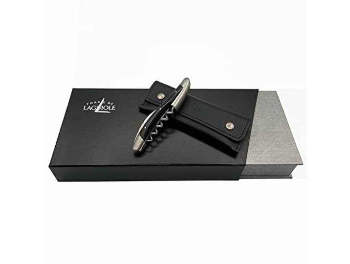 Forge de Laguiole Sommelier Ebenholz Matt, handgefertiges Kellnermesser weiches Lederetui + Poliertuch