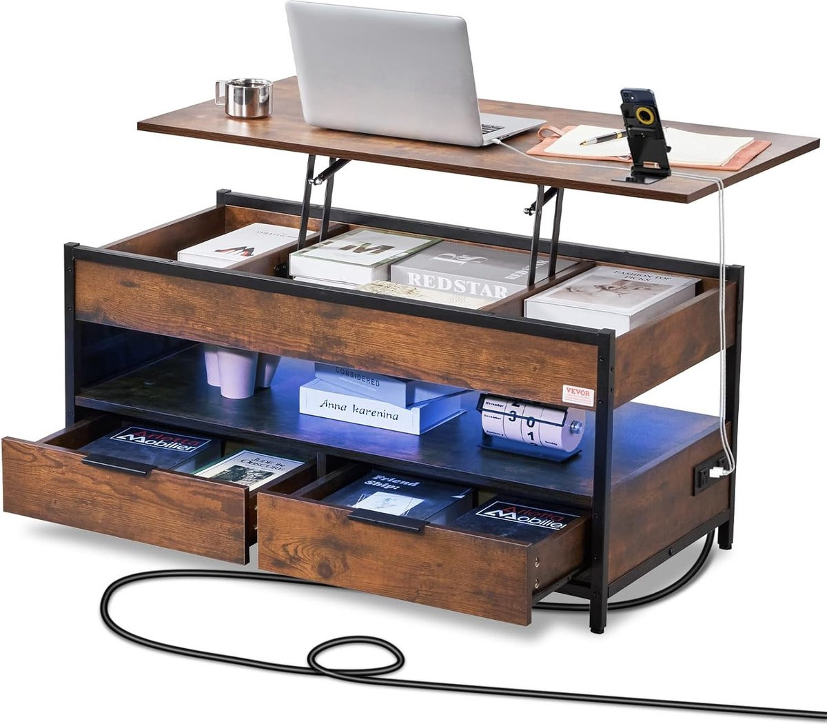 Bruine lift top salontafel met extra opbergruimte voor de woonkamer