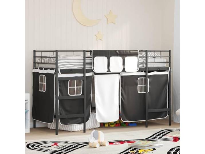 Pulverbeschichteter Metallrahmen mit Vorhängen Schlafzimmer Rückzugsort 99 Kinder Hochbett mit Vorhang Metallrahmen Schwarz 99,5 x 190 cm Loftbett Platzsparend mit Sicherheitsbarriere