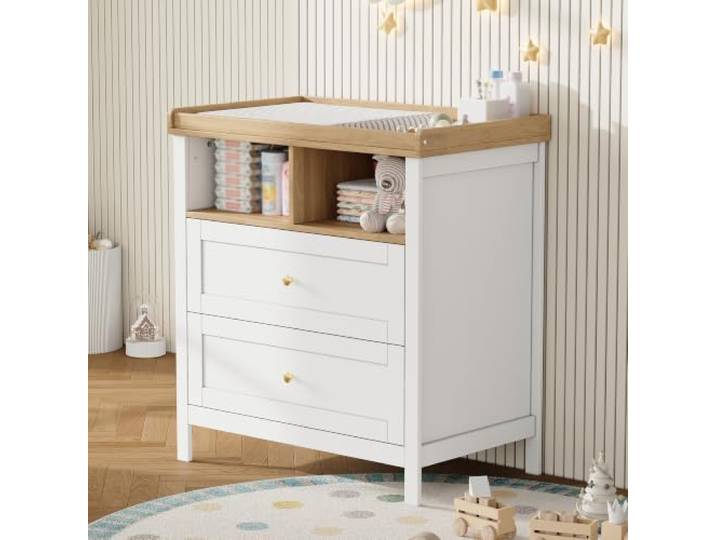 Baby Wickelkommode Multifunktional – Wickeltisch abnehmbar & wandelbar Weiß Kommode mit Wickelaufsatz, 2 Schubladen & offenen Fächern – inkl. Kippsicherung, 82x50x90cm