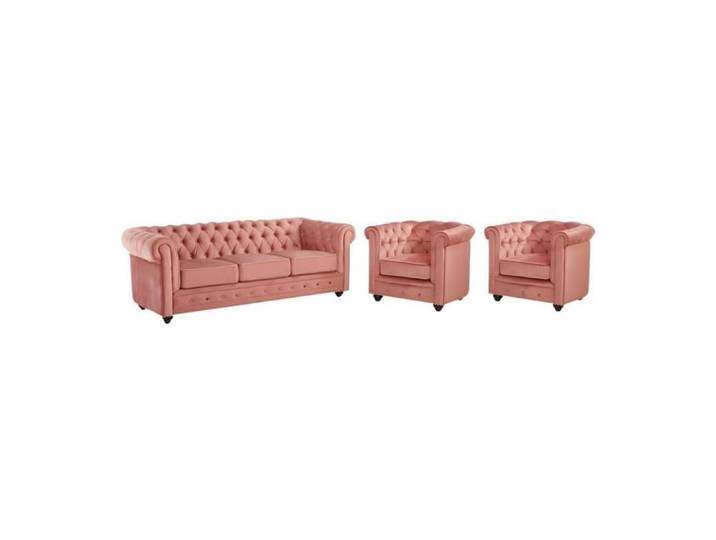 Canapé 3 places et 2 fauteuils CHESTERFIELD - Velours rose pastel