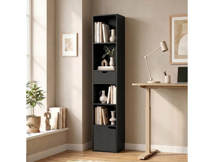 HOMCOM Bibliothèque Noir 158cm Étagère Rangement Tiroir Placard