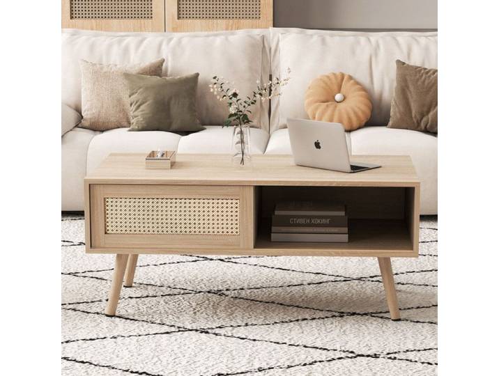 Bladez - Table basse en osier - Table d'appoint de salon avec portes coulissantes - 105x55x40 cm - Bois de noyer